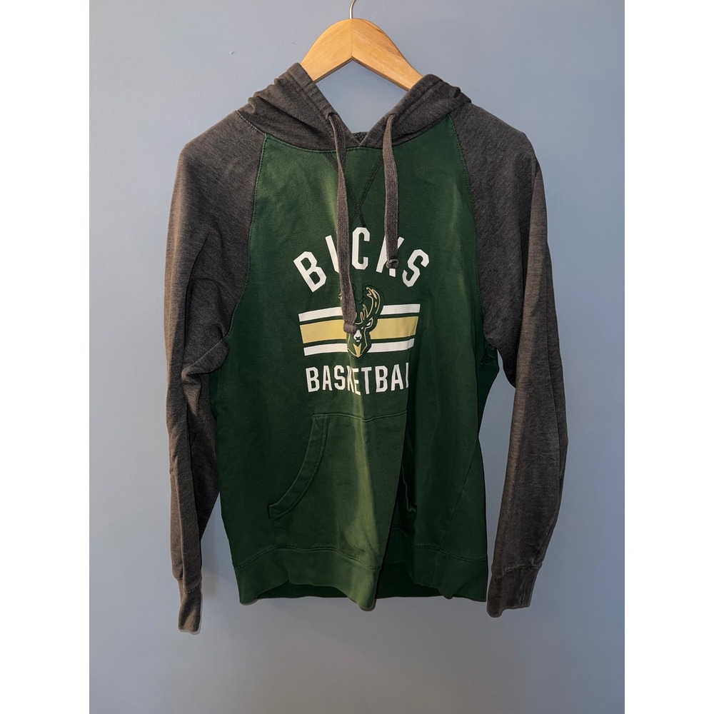NBA Milwaukee Bucks Basketball Hoodie Small Green Grey Raglan‎ Pullover Fleece